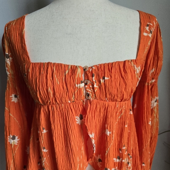 Urban Outfitters New Allie Orange Floral Tie Sleeve Blouse Shirt Womens SZ XS - Picture 5 of 13